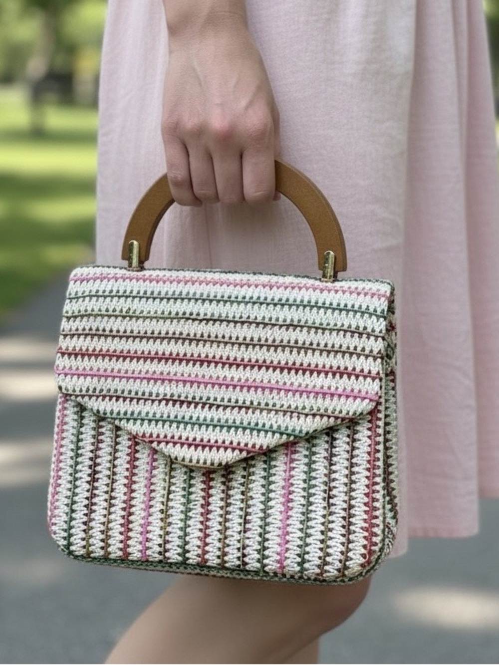 Isaac Mizrahi New York Multi Stripe Woven Satchel Wood Handle EUC